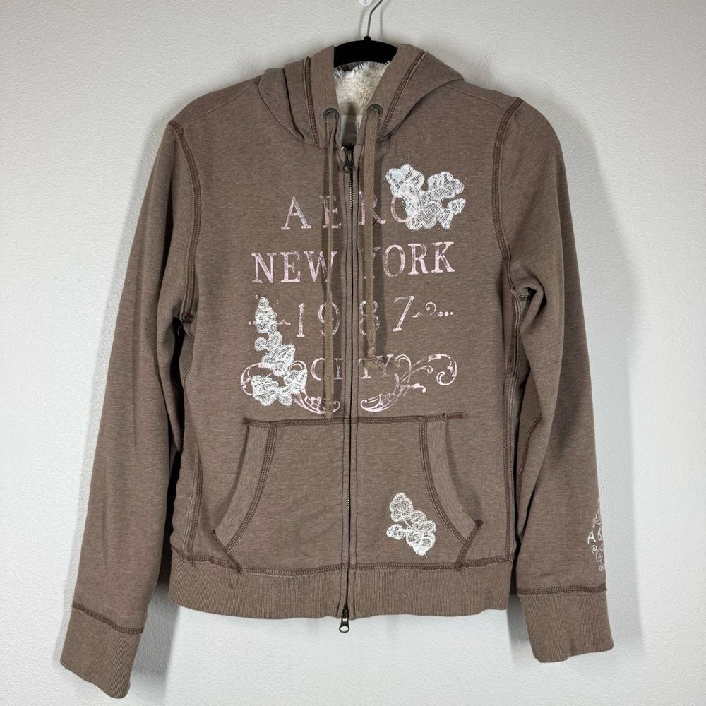 Vintage Y2K Aeropostale Hoodie Brown Sweatshirt Jacket Faux Fur Lined Lace Large